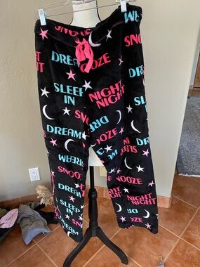 Women’s Black Fleece Sleep Pants with Pink & Teal Print